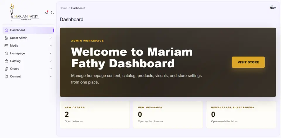 Mariam Fathy Shop — نظرة عامة على لوحة التحكم — المظهر الفاتح