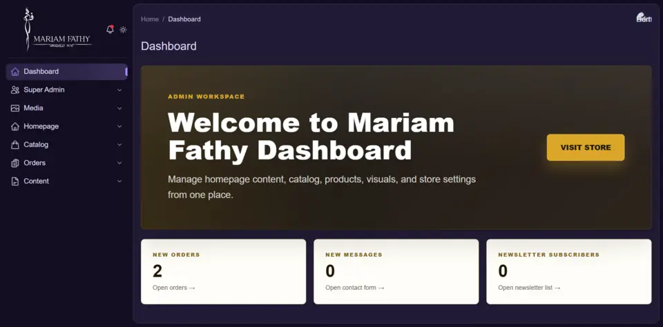 Mariam Fathy Shop — نظرة عامة على لوحة التحكم — المظهر الداكن