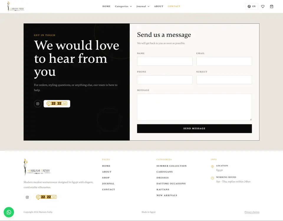Mariam Fathy Shop — صفحة التواصل — الإنجليزية