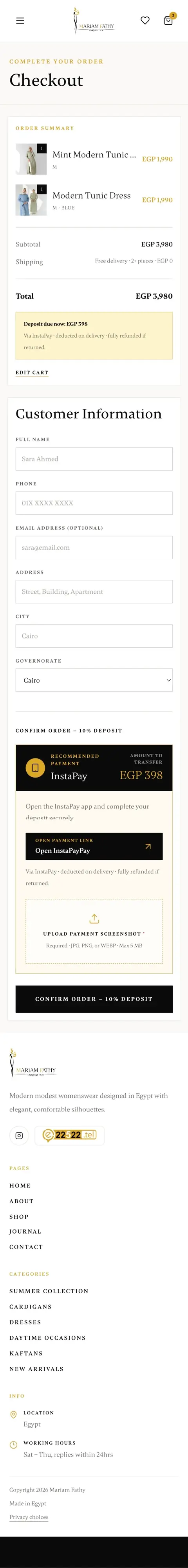 Mariam Fathy Shop — صفحة إتمام الطلب — الإنجليزية على الموبايل