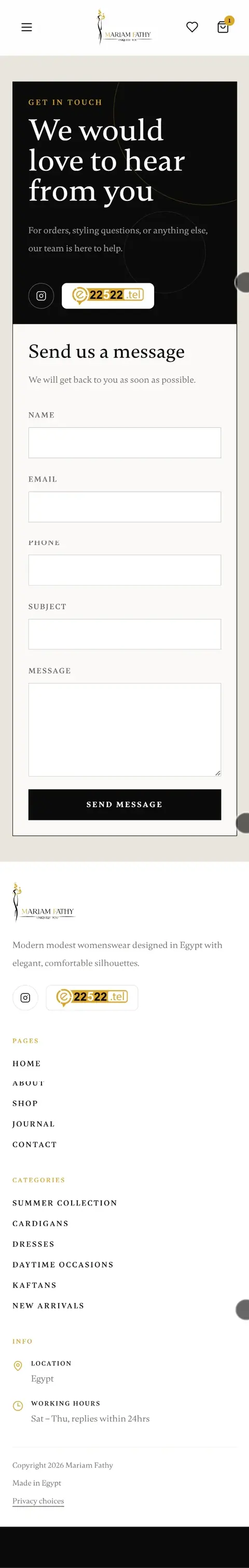 Mariam Fathy Shop — صفحة التواصل — الإنجليزية على الموبايل